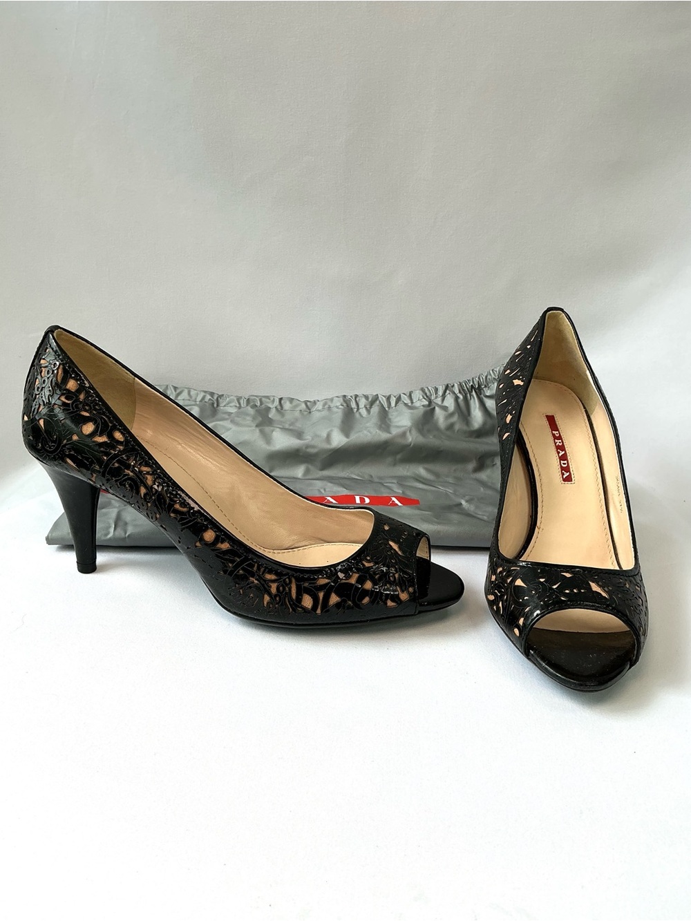 Prada | Authentic Vintage Black Laser-Cut Peep-Toe Heels EUC Size 7.5